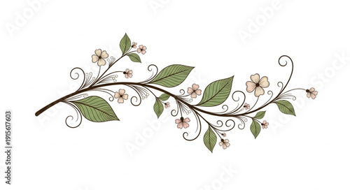 Floral Branch with Leaves and Flowers.