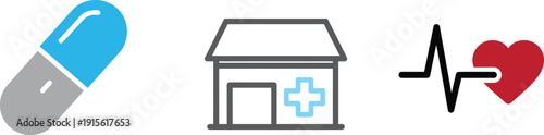 Three isolated medical symbols on transparent background including a defibrillator house and ecg heartbeat