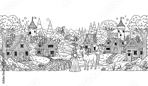 Medieval Village Landscape with Princess and Unicorn Black and White Coloring Page Vector