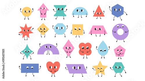 A diverse collection of playful, anthropomorphic geometric shapes with smiling faces and arms raised in a lively dance.