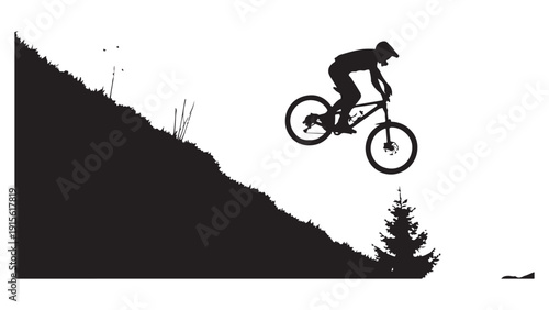 Mountain Biker in Mid-Air Jump Silhouette Against White Background