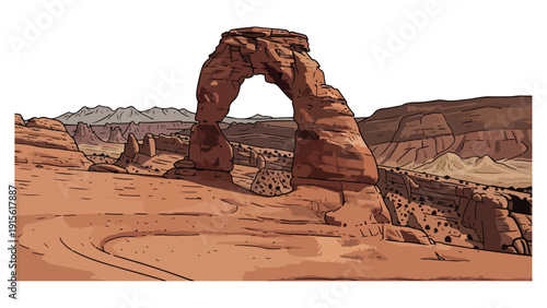 Desert Rock Arch Landscape Illustration with Canyon and Mountains in Flat Design Style