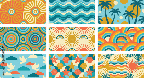 Decorative collection of stylized beach themed illustrations perfect for summer designs and vacation concepts.