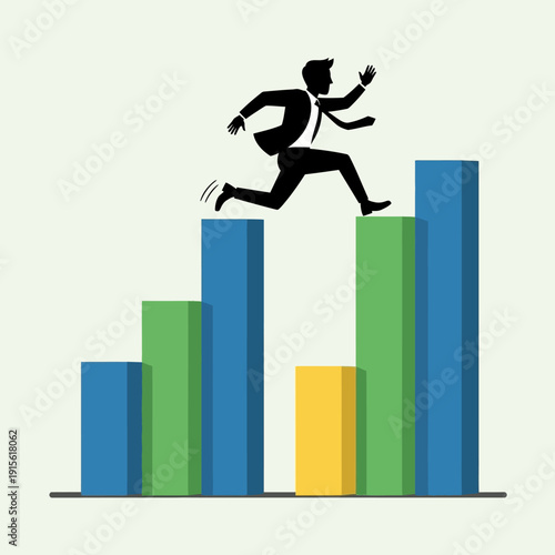 Man Running Up Bar Graph.