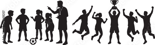 Youth Sports Coaching Silhouette Vector Set – Black and White Illustration of Soccer and Football Team, Coach Instructing Players, Celebrating Victory, Trophy and Achievement, Teamwork and Motivation