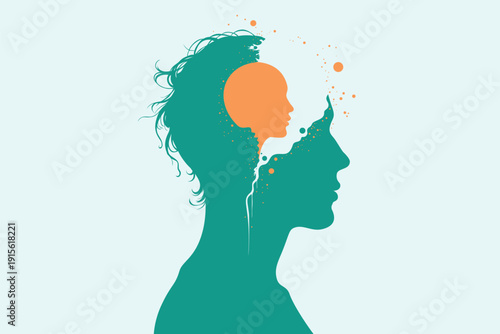 Profile silhouette of head containing inner child face with  paint splatter flowing out, symbolizing trauma, inner voice, childhood memories therapy
