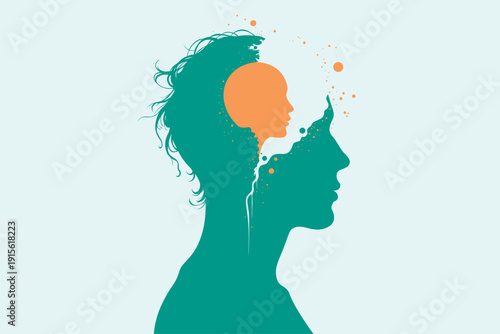 Profile silhouette of head containing inner child face with  paint splatter flowing out, symbolizing trauma, inner voice, childhood memories therapy