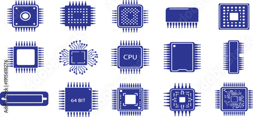 Collection of modern computer processor icons and circuit board designs