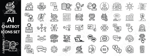 Chatbot set of web icons in line style. A collection of linear icons representing key Chatbot concepts, including a robot head with a headset, chatbot on a laptop, speech bubbles, Editable stroke