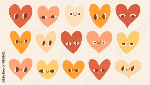 A collection of cute, whimsical heart characters with expressive faces, perfect for love and affection themes.