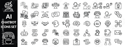 Chatbot set of web icons in line style. A collection of linear icons representing key Chatbot concepts, including a robot head with a headset, chatbot on a laptop, speech bubbles, Editable stroke