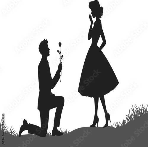Silhouette of man proposing with rose to woman in dress