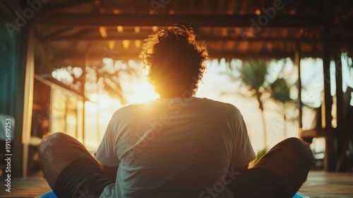 A peaceful silhouette of a man meditating by the beach during sunset, captured against radiant warm colors emanating tranquility and reflection on life's journey.