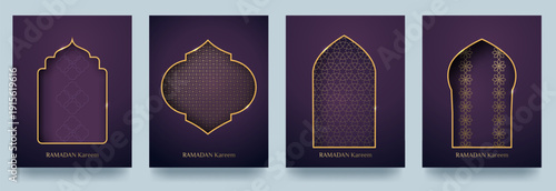 A set of Ramadan Kareem greeting cards. Patterns, paper-cut Arabic windows in Islamic style, and gradients with a gold border. The frames are decorated with a gold gradient