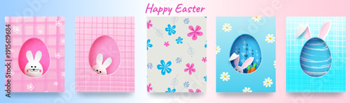 A set of Easter cards, website banners, posters, flyers, and covers. A trendy, modern design featuring paper cutouts depicting Easter eggs on a pink and blue background. Cheerful bunnies