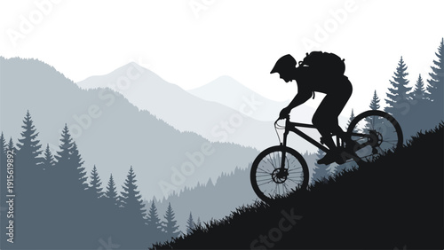 Mountain Biker Adventure Silhouette on Scenic Trail with Pine Forest and Alpine Peaks at Sunset