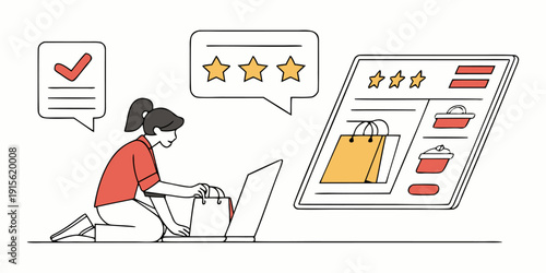Customer checks online product ratings and reviews while kneeling beside a laptop and holding a shopping bag after successful e-commerce purchase.