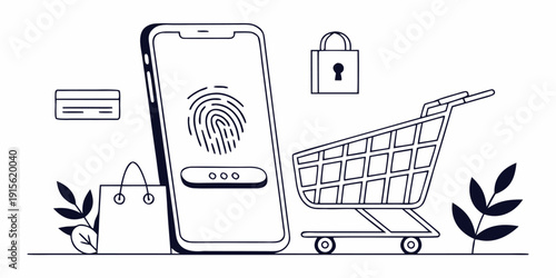 Smartphone displays a successful biometric scan next to a locked padlock, shopping cart, and payment icons for digital security.