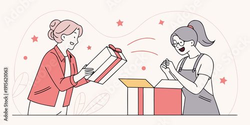 Two women exchange surprise and delight while opening a securely wrapped gift box together in a celebratory moment.