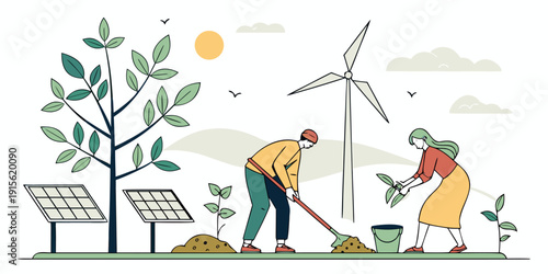 Man and woman plant seedlings near solar panels and a wind turbine to illustrate sustainable environmental stewardship and renewable energy efforts.