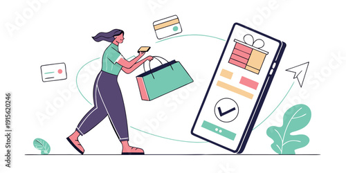 Woman carrying a large shopping tote interacts with a giant smartphone displaying a successful order confirmation next to floating credit cards.