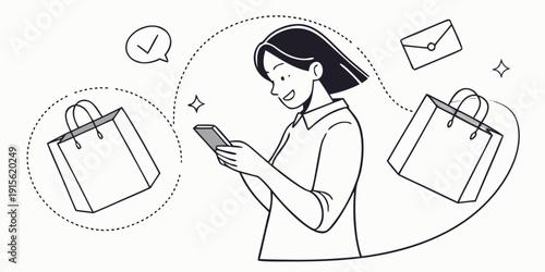 Smiling woman looks at a mobile phone surrounded by shopping bags and a confirmation checkmark illustrating successful online purchase completion.