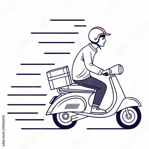 Delivery man in profile view rides a motor scooter carrying cargo boxes while speed streaks illustrate rapid movement in transit.