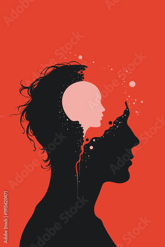 Profile silhouette of head containing inner child face with  paint splatter flowing out, symbolizing trauma, inner voice, childhood memories therapy