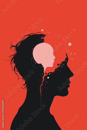 Profile silhouette of head containing inner child face with  paint splatter flowing out, symbolizing trauma, inner voice, childhood memories therapy