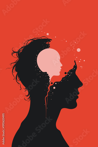 Profile silhouette of head containing inner child face with  paint splatter flowing out, symbolizing trauma, inner voice, childhood memories therapy