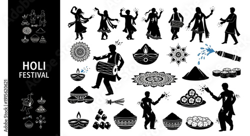 Vibrant Holi festival celebration with people dancing and throwing colors in a lively atmosphere