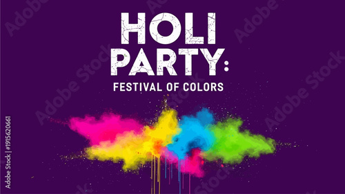 Vibrant Holi celebration with colorful powder explosion in purple background from above viewpoint