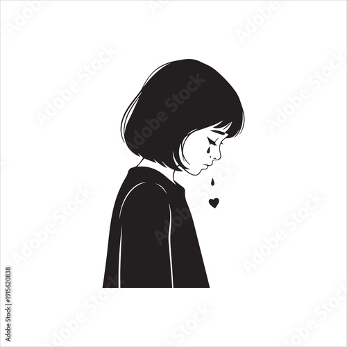 minimal flat vector  illustration of a sad young woman in side profile with tears, expressing loneliness and emotional pain.