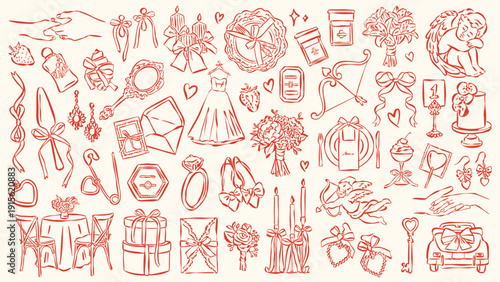 Charming wedding elements illustrated in a romantic sketch style, perfect for invitations and decor.