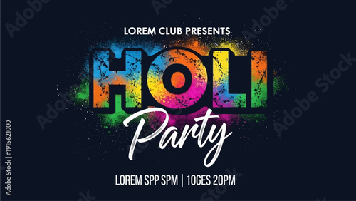 Vibrant Holi celebration poster with colorful powder and festive text on dark background
