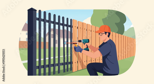 Person installs fence with power tool