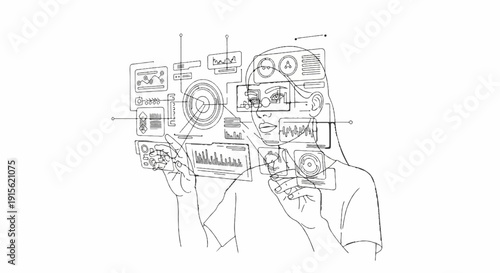 Person interacting with a futuristic holographic data interface projected in front