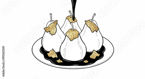 Pears poached in dark syrup with autumn leaves on a white plate