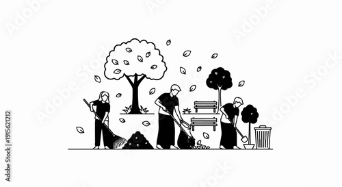 People clearing leaves from park with trees, benches, and trash bin