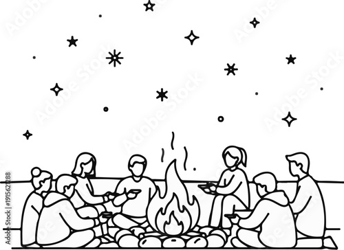 People gathered around a campfire under a starry night sky, sharing food