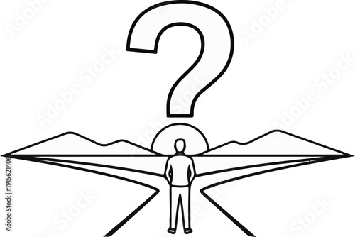 Person at crossroads beneath question mark and sunset