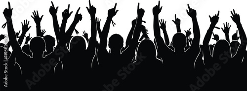 Cheering crowd silhouette with raised hands at live concert, excited audience celebrating music festival energy, unity and excitement isolated on white background