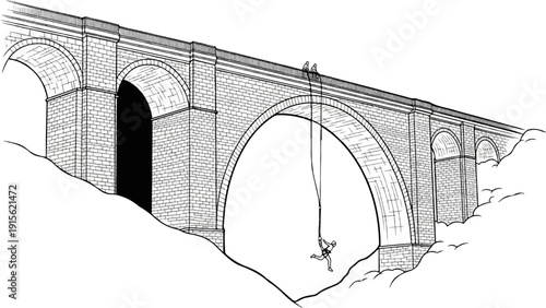 Person bungee jumping from a stone bridge into a valley