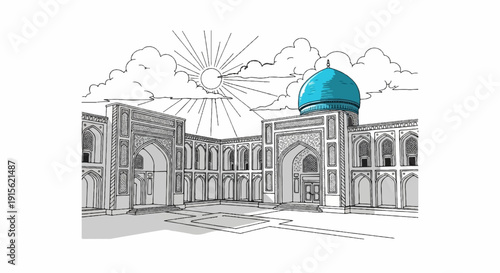 Ornate courtyard building with a bright blue dome under a sunny sky