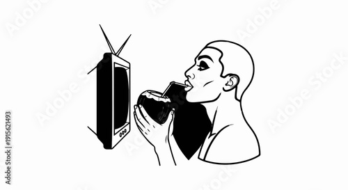 Person drinking from coconut while watching television