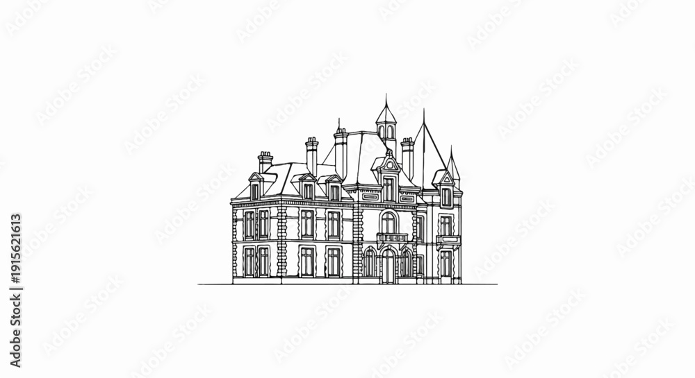 Obraz premium Ornate, multi-story building with detailed architecture, mansard roofs, and spires