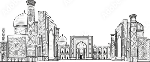 Ornate central asian architectural ensemble with domes and minarets