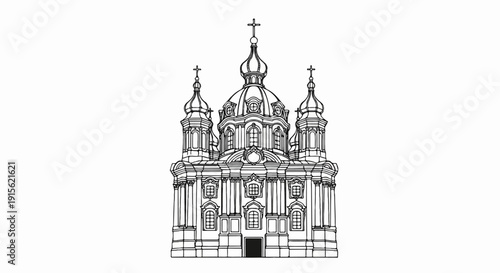 Ornate church with multiple domes and crosses, rendered in a line drawing style