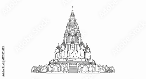 Multi-faced Buddha statues surround a towering, intricately detailed stupa