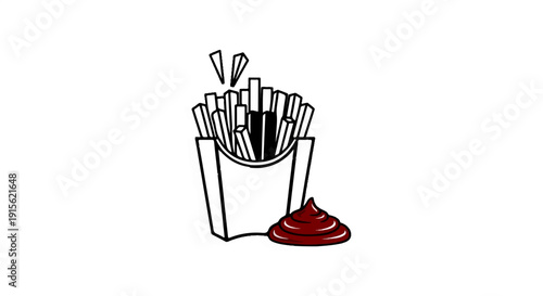 Minimalist outline drawing of french fries in a paper container with ketchup